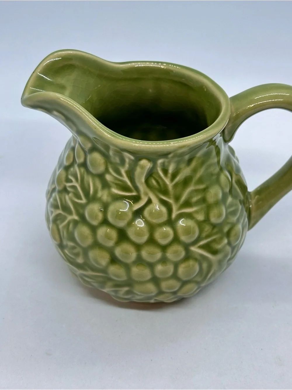 Vintage Green Grape Vine Ceramic Sugar Bowl with Lid and Creamer Set*Has Crazing